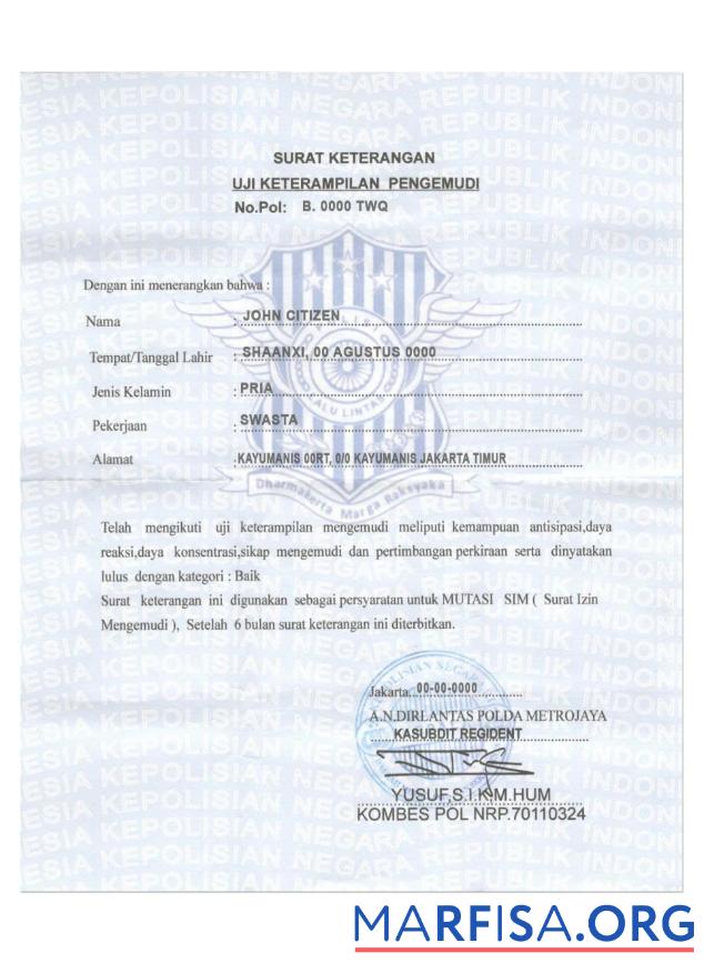 Downloadable INDONESIA driver certificate real example